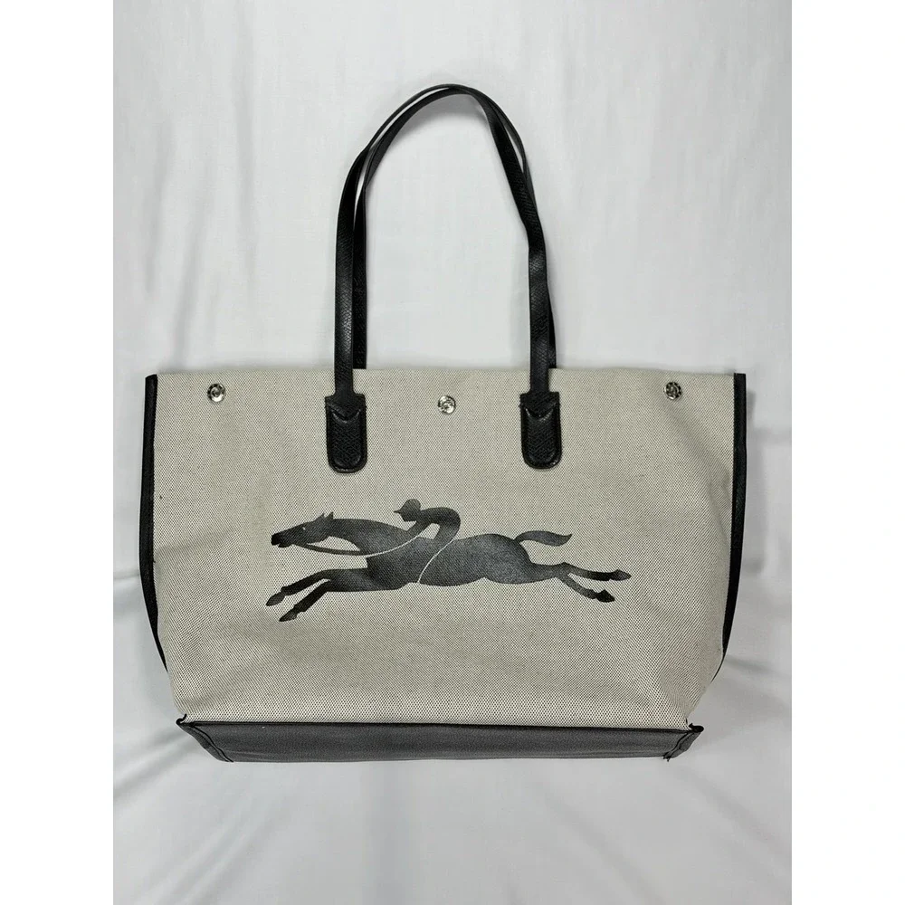 Longchamp Essential Toile Tote Bag Off-White Canvas Black Leather Trim France